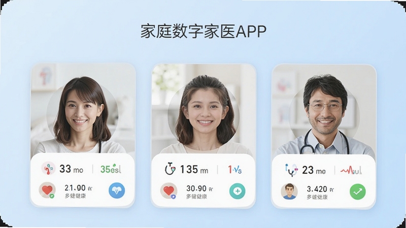 ������ּ�ҽAPP�ڼ�ͥ���������������棬��ʾ��λ��ͥ��Ա��ͷ��Ƭ��ÿ�ſ�Ƭ�·��н�������Сͼ�꣬����Ϊ����ɫ���䣬�������ִ����ʺ��������ܽ�����ͼ