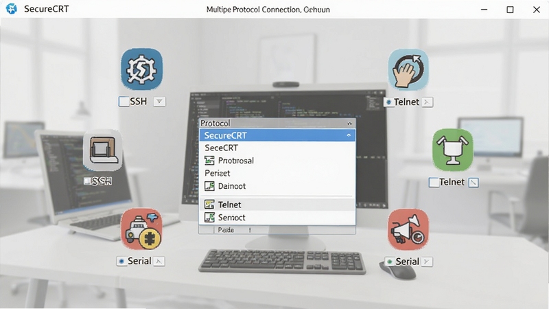 SecureCRT��Э���������ý��棬��������ΪЭ��ѡ�������˵�����Χ����SSH��Telnet��Serial��ͼ���ǩ������Ϊǳ��ɫ�칫��������������죬����Booguģ������