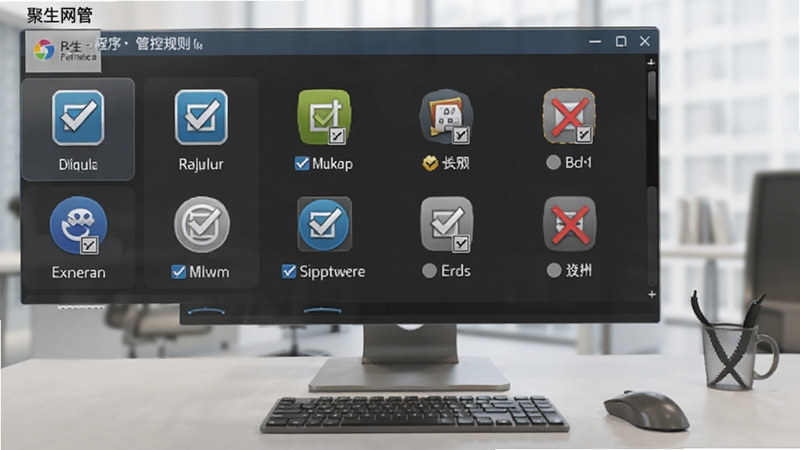 聚生网管软件应用程序管控规则设置界面,画面中显示多个应用图标被勾选或禁用,背景为简洁的办公桌面,风格商务,Boogu模型生成