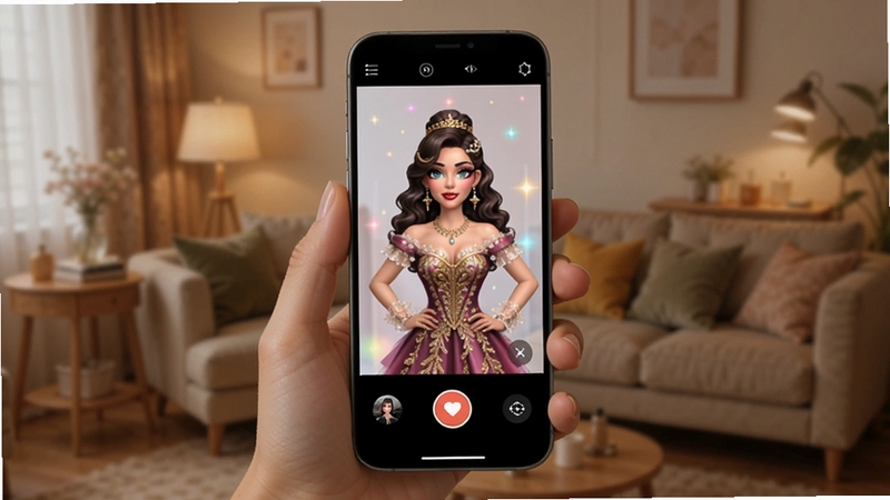 ��װŮ�����ƶ��˲��������ͼ������չʾһλ�û��ֳ������ֻ�����ʹ�ñ�װ���ܣ���Ļ�������ɫ���Ż�����װ������Ϊ��ܰ�����ڻ�����ͻ���ƶ��˱�ݲ�����ʵʱԤ��Ч��