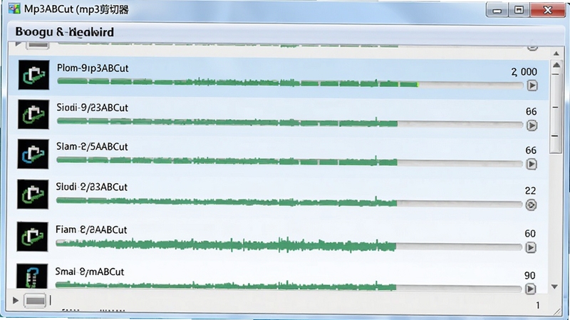 Mp3ABCut ��mp3���������������������ͼ�������Ƶ�ļ��б���ʾ�ڴ����У�ÿ���ļ����м��н�����������Ϊ����ɫ���䣬�ʺ�Booguģ������