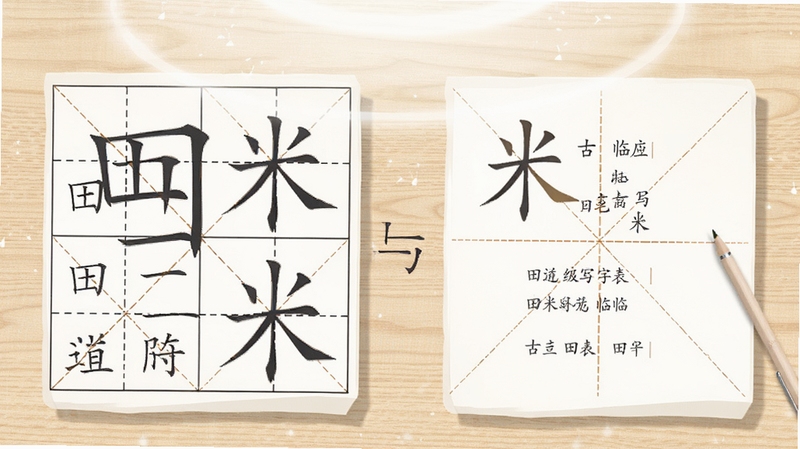 超级写字表 田字格与米字格练字表对比展示 画面左侧为田字格生字练习 右侧为米字格古诗临摹 背景为浅色木纹桌面 顶部有柔和光晕 整体风格清新雅致