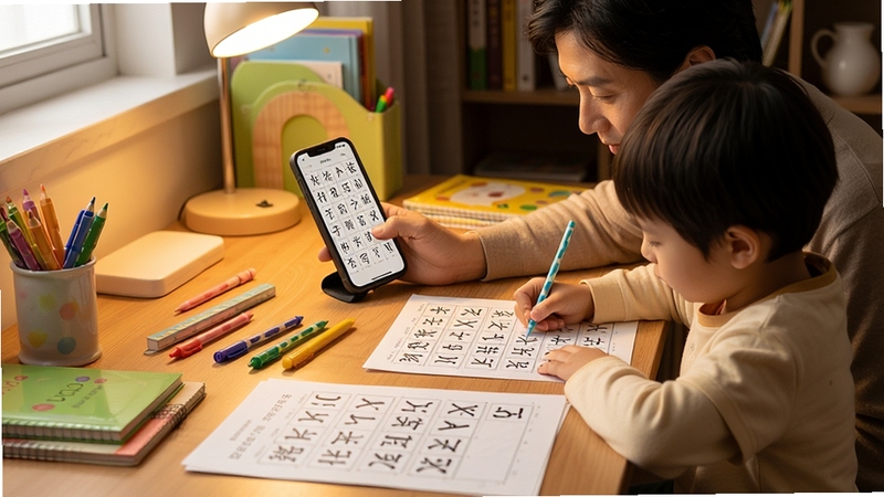 超级写字表 用户使用场景展示 家长在书桌前用手机生成字帖 孩子在一旁认真书写 桌面有文具和打印好的字帖 画面温暖和谐 体现家庭学习氛围