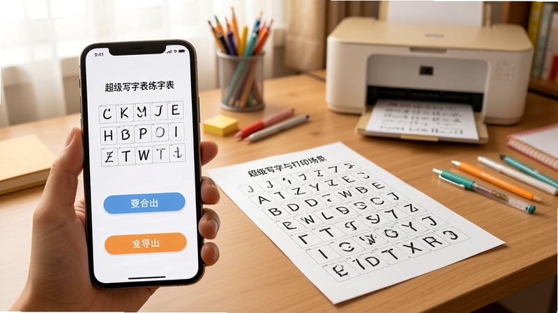 超级写字表 练字表导出与打印场景 画面展示手机屏幕上的导出按钮和旁边打印出的纸质字帖 背景为家庭书桌 有打印机和文具 整体温馨实用