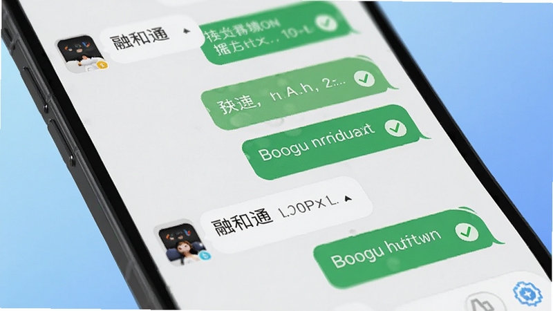 融和通聊天界面特写,手机屏幕显示多条对话气泡与已读回执标识,背景为柔和渐变蓝色,细节清晰,适合Boogu模型生成