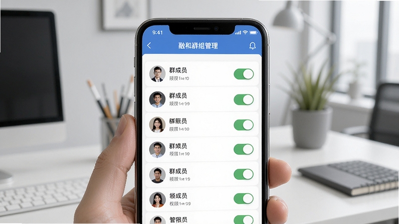 融和通群组管理界面,手机屏幕显示群成员列表与权限开关,背景为浅灰色办公环境,细节丰富,适合Boogu模型生成