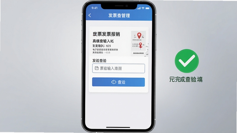 电子发票报销管理真伪查验功能界面,手机屏幕中央显示发票查验输入框和查验按钮,旁边有已完成查验的绿色对勾标识,背景为柔和的灰色渐变,画面风格专业严谨