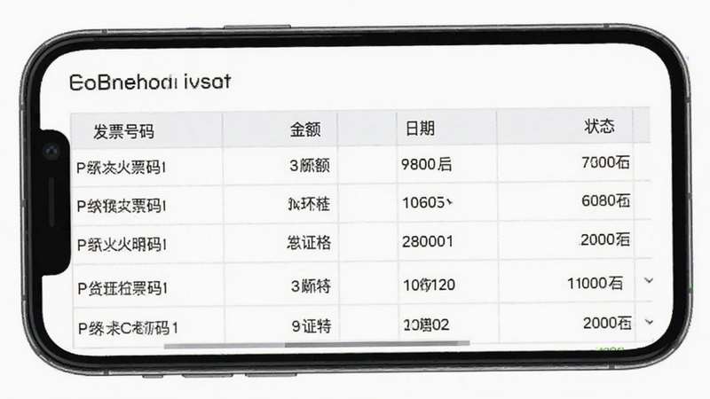 电子发票报销管理软件生成报销明细表的界面截图,手机屏幕显示表格形式的报销清单,包含发票号码、金额、日期和状态列,背景为白色简洁风格,画面清晰展示数据整理效果
