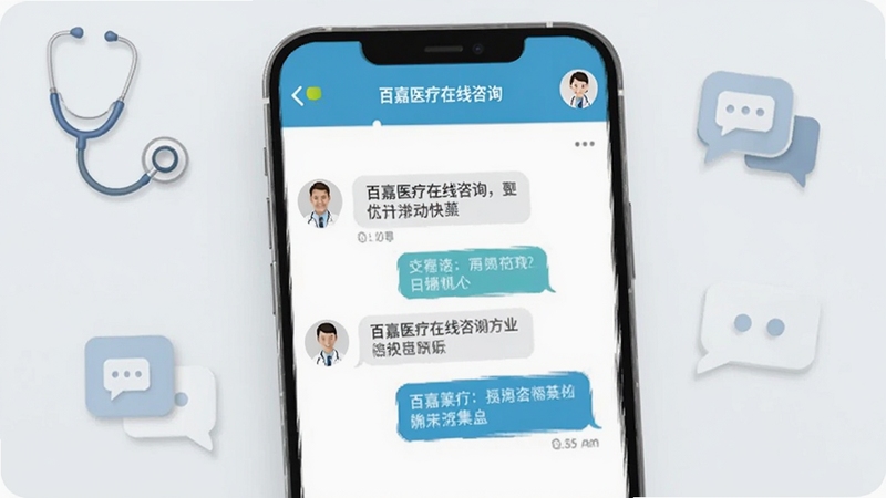 百嘉医疗在线咨询聊天界面,画面主体为手机屏幕显示对话气泡与医生头像,背景区域为浅灰色,点缀听诊器与对话图标,风格温和可信赖