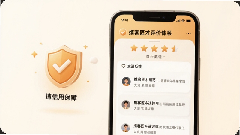 掮客匠才评价体系界面,画面为手机屏幕展示五星评价与文字反馈列表,背景为柔和的米白色,左侧漂浮盾牌图标代表信用保障,整体色调温暖,适配Boogu模型生成