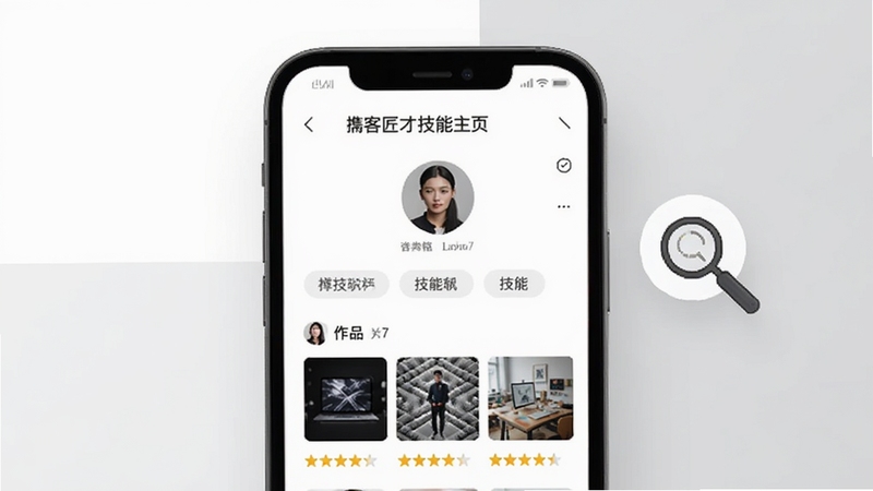 掮客匠才技能主页界面,画面中心为手机屏幕展示个人主页布局,包含头像、技能标签、作品缩略图与评价星级,背景为白色与淡灰色拼接,右侧悬浮一个放大镜图标代表搜索匹配功能,整体风格清新简约