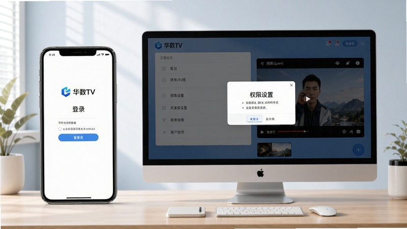 ����TVʹ�ý̳�ʾ��ͼ������չʾ�ֻ��������Ļ�ϻ���TV�Ĳ������棬������¼ҳ�桢Ȩ�����õ����벥�Ž��棬����Ϊ������滷����ɫ����ͣ�ͻ������TVƷ�Ʊ�ʶ���ʺ������̳���ͼ