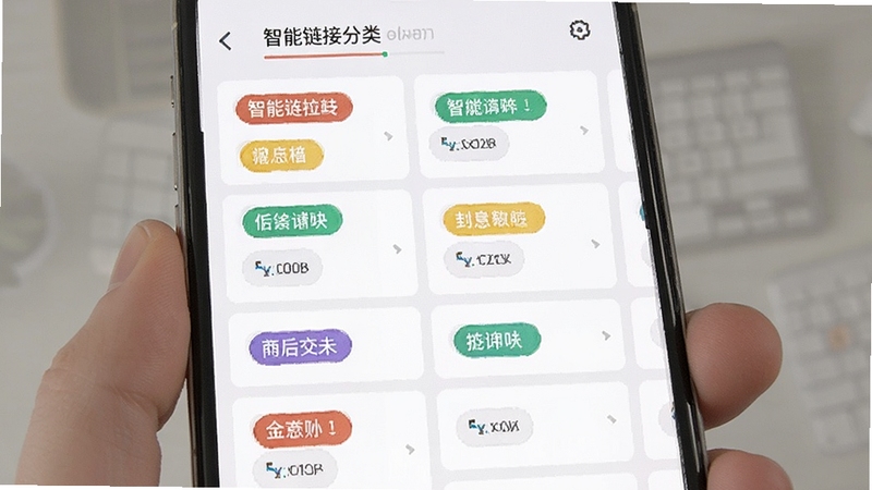 User Link 智能链接分类管理界面,清爽卡片式布局,展示多个彩色分组标签和链接列表,手机屏幕展示,扁平化设计风格