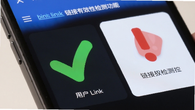 User Link 链接有效性检测功能界面,绿色对勾和红色感叹号标记不同链接状态,手机屏幕特写,简洁明快