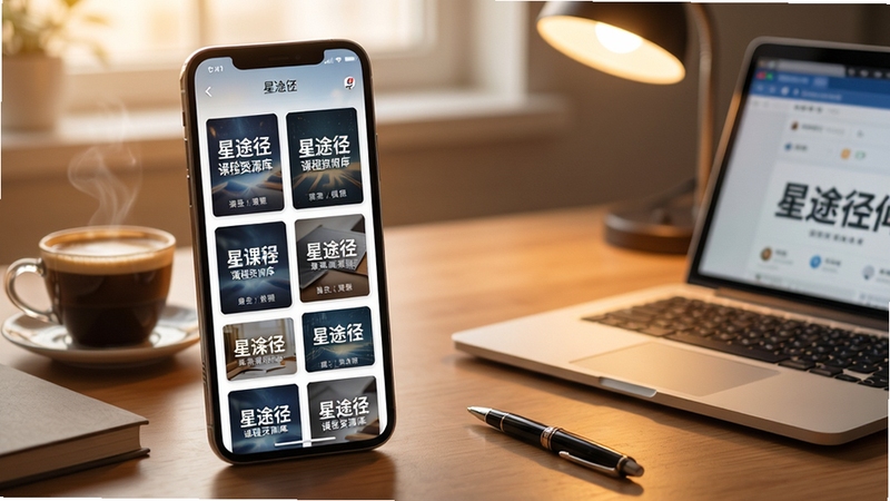 星途径在线 课程资源库 手机屏幕 显示 多门课程 封面 排列整齐 学习氛围 暖色调 书桌 咖啡 笔记本电脑 高清 细节丰富