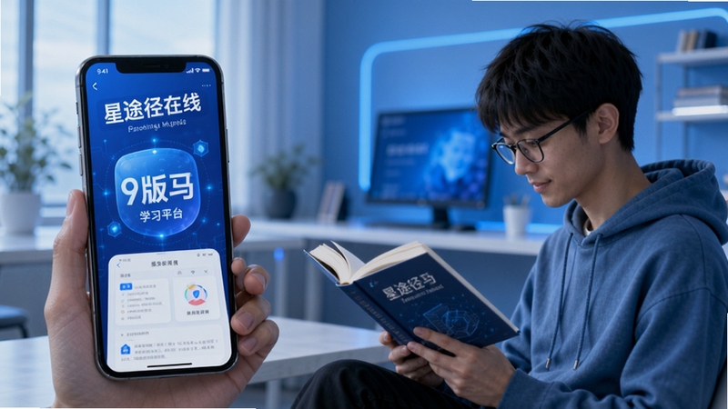 星途径在线 官方正版 学习平台 手机APP 界面展示 蓝色科技感 背景 整洁 现代 学习场景 人物 看书 手机屏幕 高清 细节丰富