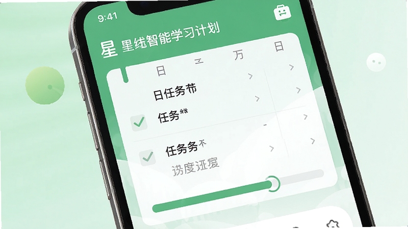 星途径在线 智能学习计划 日历 界面 手机 显示 每日任务 打勾 进度条 清新 绿色 背景 现代 简约 风格
