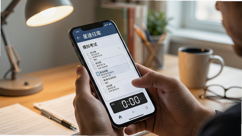 星途径在线 在线题库 模拟考试 手机 显示 选择题 答题卡 计时器 专注 学习 氛围 明亮 光线 高清 细节丰富