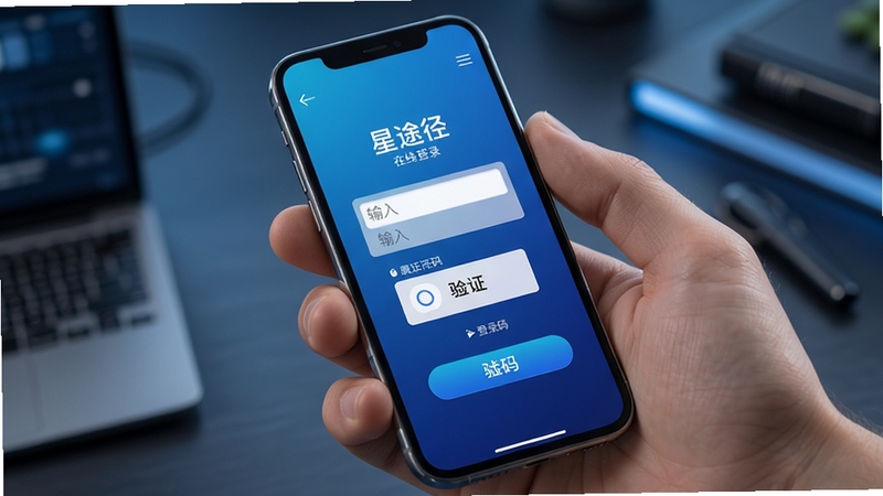 星途径在线 登录界面 手机 显示 输入框 验证码 按钮 简洁 蓝色 渐变 背景 现代 科技感 高清 细节丰富
