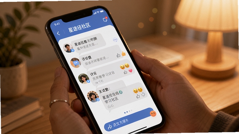 星途径在线 学习社区 互动 手机 界面 显示 评论 讨论 点赞 表情 温暖 社交 氛围 柔和 光线 高清