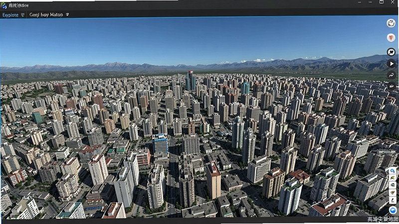 高清实景卫星地图软件中切换图层后的三维城市卫星影像,画面主体是密集的城市建筑群,带有立体倾斜视角,背景是蓝天和远处山脉,软件名称高清实景卫星地图显示在画面角落