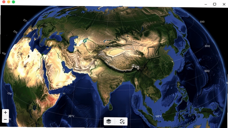 高清实景卫星地图软件主界面,画面中心是带有经纬度网格的全球卫星地图,背景区域显示亚洲大陆轮廓,界面底部有缩放按钮和图层切换图标,整体风格简洁科技感,适配Boogu模型生成