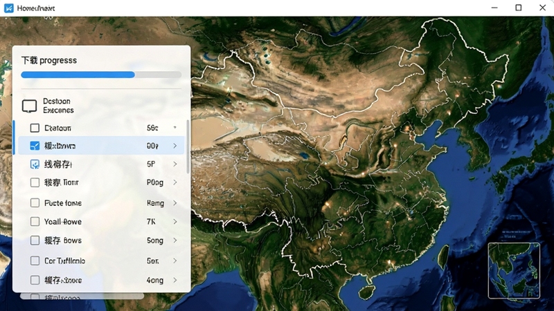 高清实景卫星地图软件离线下载管理界面,画面主体是下载进度条和已缓存区域列表,背景区域显示中国地图轮廓,界面风格简洁清爽,体现离线缓存功能