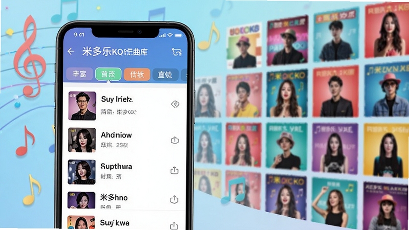 米多乐卡拉OK海量曲库界面,画面主体为手机屏幕展示歌曲列表和分类标签,背景区域为音乐符号与彩色封面墙,突出歌曲丰富多样,风格清新明快