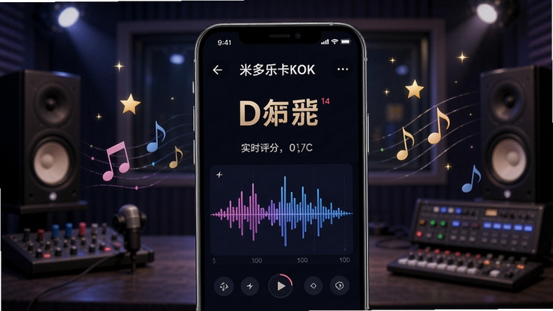 米多乐卡拉OK实时评分与修音功能展示,画面主体为手机屏幕显示评分界面和音波图形,背景区域为录音棚风格,有音符和星光点缀,突出专业K歌体验