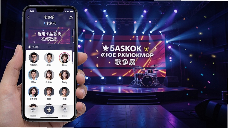 米多乐卡拉OK多人在线歌房场景,画面主体为手机屏幕显示歌房界面和用户头像列表,背景区域为虚拟舞台与灯光效果,突出互动娱乐氛围,风格热闹欢快