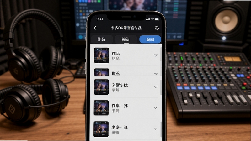 米多乐卡拉OK录音作品管理界面,画面主体为手机屏幕展示作品列表和编辑选项,背景区域为音乐工作室风格,有耳机和调音台元素,突出个性化创作氛围