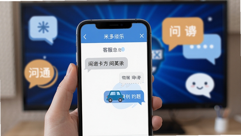 米多乐卡拉OK用户问答场景,画面主体为手机屏幕显示客服对话界面,背景区域为简洁的问答图标和气泡元素,突出解决问题与沟通氛围,风格清晰友好