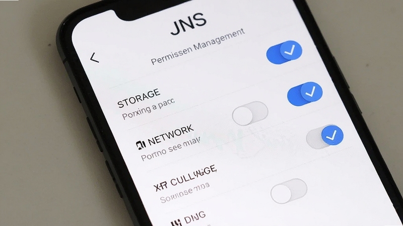 手机屏幕显示JNS权限管理页面,界面列出存储、网络等权限开关,背景为纯白,右侧有蓝色勾选标记,整体风格清爽,JNS字样位于顶部