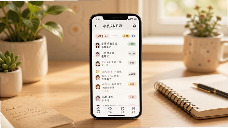 小思成长日记 软件主界面全貌展示,画面中央为手机屏幕,屏幕内显示日记列表与心情标签,背景为柔和暖色调书桌场景,周围点缀绿植与笔记本,整体风格温馨清新,适配Boogu模型生成