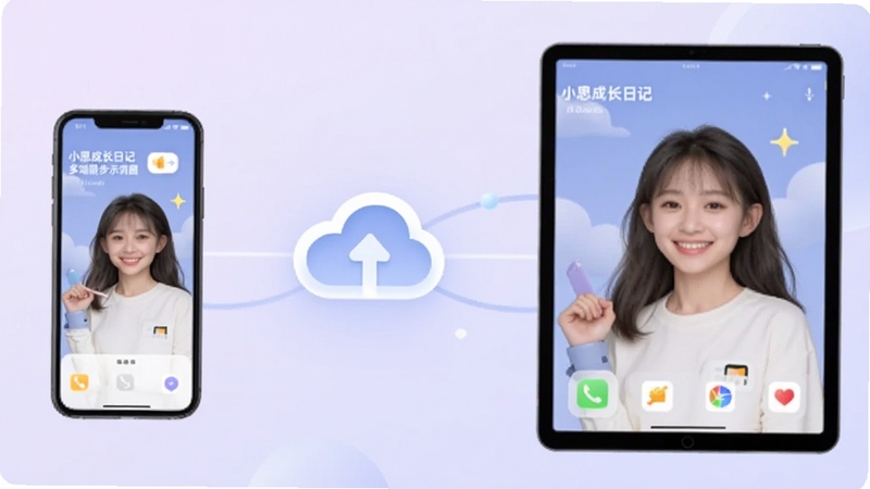 小思成长日记 多端同步示意图,画面左侧为手机、右侧为平板,中间有云朵连接图标,背景为浅紫色渐变,风格轻盈现代,适配Boogu模型生成