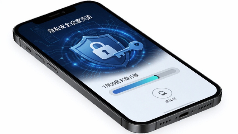小思成长日记 隐私安全设置页面,手机屏幕显示锁形图标与加密进度条,背景为深蓝色科技感光晕,画面中有盾牌与钥匙元素,风格稳重可靠,适配Boogu模型生成