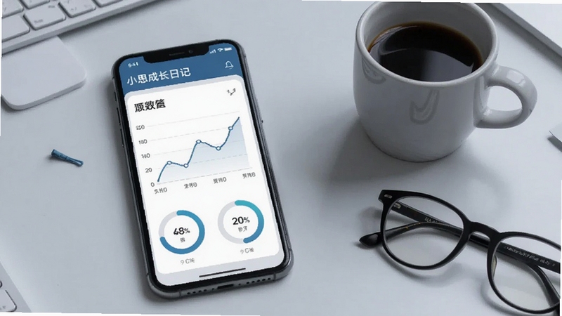 小思成长日记 数据统计面板展示,手机屏幕呈现折线图与圆形进度条,背景为浅灰色办公桌面,旁边有咖啡杯与眼镜,整体色调冷静专业,适配Boogu模型生成