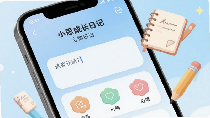 小思成长日记 心情日记记录界面特写,手机屏幕显示输入框与心情选择图标,背景为淡蓝色渐变,画面中有漂浮的日记本与铅笔元素,风格简洁明快,适配Boogu模型生成