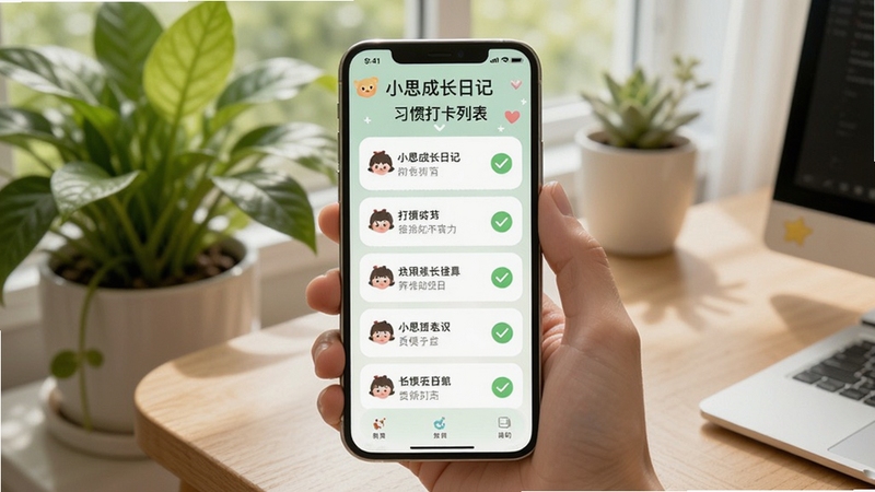 小思成长日记 习惯打卡列表界面,手机屏幕显示多个打卡项目与对勾图标,背景为绿色植物与木质桌面,画面明亮自然,适配Boogu模型生成