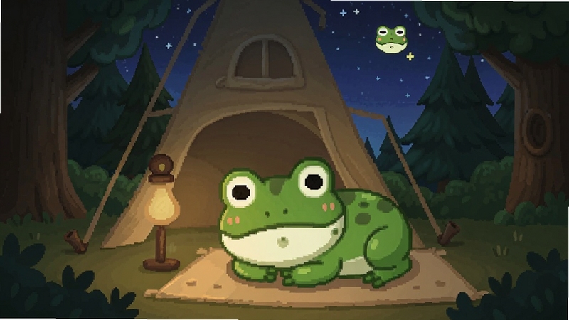 旅行青蛙 离线版 断网状态下青蛙在帐篷里睡觉的场景,背景是星空和森林,画面温馨安静,突出离线可玩的特点