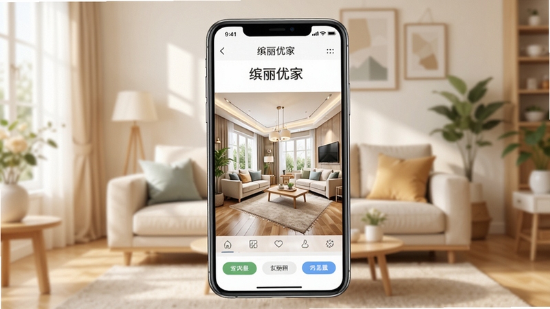 缤丽优家软件主界面展示,画面中央为手机屏幕显示家居设计效果图,背景为温馨客厅场景,整体风格清新明亮,突出软件名称缤丽优家