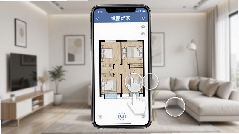 缤丽优家智能户型绘制功能界面,手机屏幕显示平面户型图与拖拽操作手势,背景为简约家居环境,突出缤丽优家软件名称