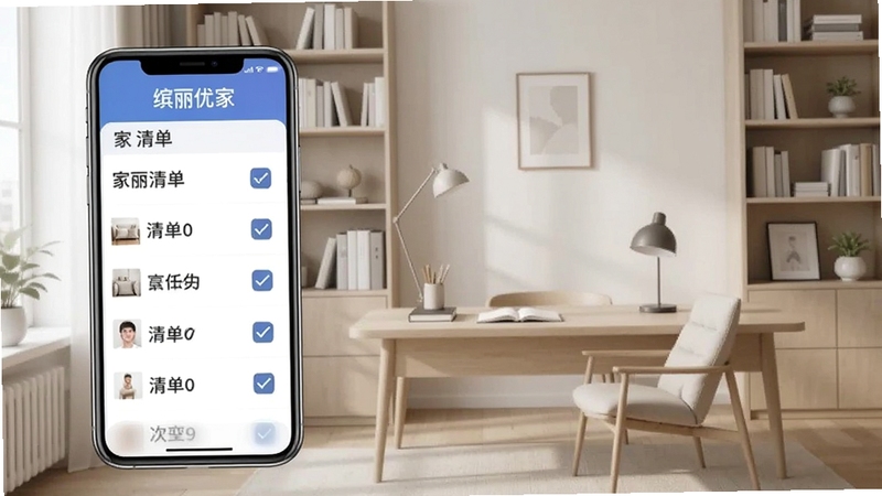 缤丽优家清单生成功能展示,手机屏幕显示家具清单列表与勾选状态,背景为整洁书房环境,突出缤丽优家软件名称