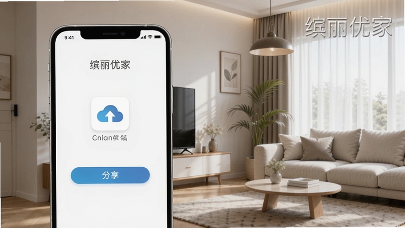 缤丽优家云端同步与分享界面,手机屏幕显示分享按钮与云端存储图标,背景为现代家居一角,画面中包含缤丽优家文字