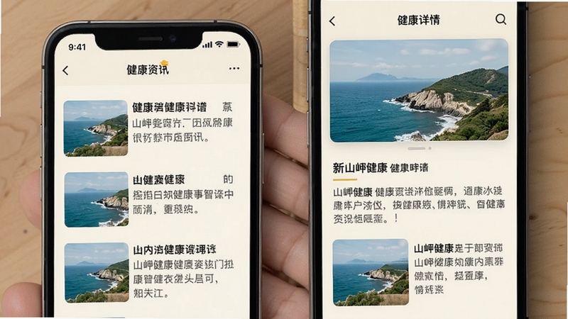 山岬健康 健康资讯科普界面 手机屏幕展示文章列表与详情页 米白色背景 图文混排布局 包含标题、摘要、缩略图 阅读体验舒适 简约风格