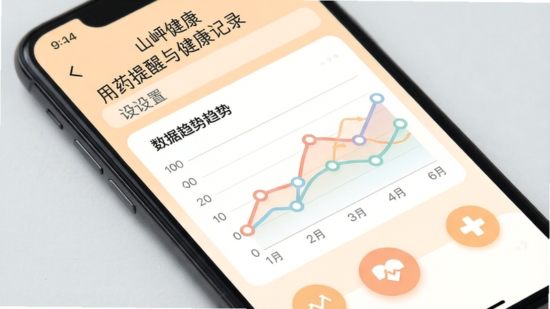山岬健康 用药提醒与健康记录界面 手机屏幕显示提醒设置页与数据趋势折线图 浅橙色背景 圆形图标按钮 折线图配色柔和 数据点清晰 扁平化设计