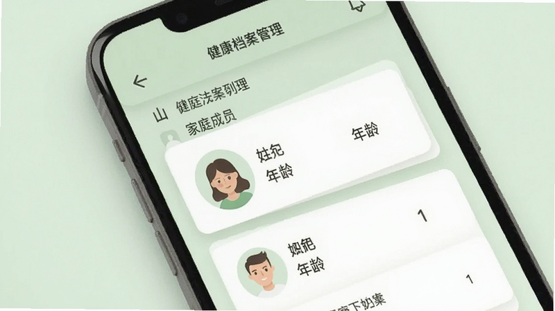 山岬健康 健康档案管理界面 手机屏幕显示家庭成员列表与档案卡片 淡绿色背景 卡片式布局 包含头像、姓名、年龄字段 扁平化UI设计 柔和光影