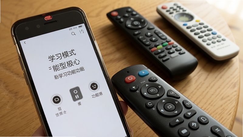 遥控器万能型手动学习功能界面,手机屏幕显示学习模式提示,手机顶部红外口对准一个传统遥控器,背景为木质桌面,有电视遥控器和空调遥控器摆放,画面主体为手机和遥控器,整体色调温暖,细节清晰