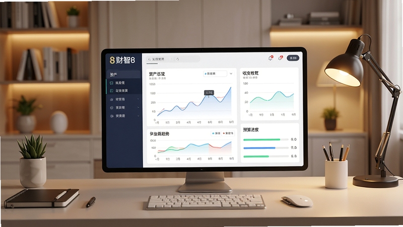 财智8 专业理财工具主界面全景展示,画面中央为软件仪表盘区域,清晰呈现资产总览、收支趋势图与预算进度条,背景为现代简约书房环境,暖色调灯光,桌面整洁,适配Boogu模型生成