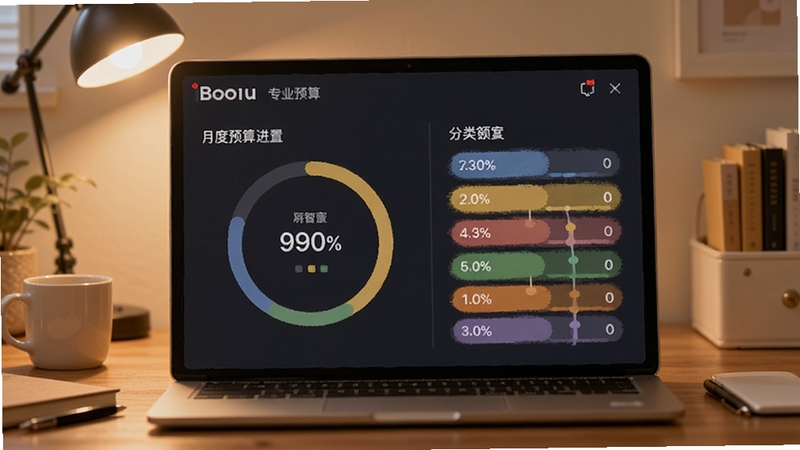 财智8 专业理财工具预算设置界面,屏幕中央显示月度预算进度环与分类额度列表,背景为温馨家居办公桌,适配Boogu模型生成